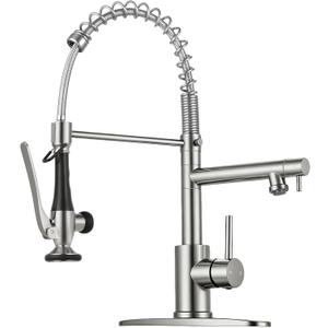 Kitchen Faucet with Pull Down Sprayer - Brushed Nickel Single Handle Commercial Kitchen Faucets, 2-Spout Stainless Steel Spring Pull Out Kitchen Sink Faucet 1/3 Hole with Deck Plate