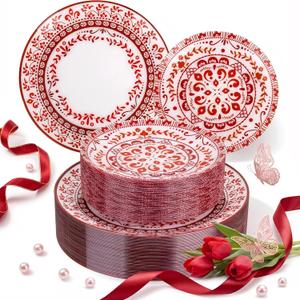 Hioasis 60pcs Red Plastic Plates Set - Floral Red & White Porcelain Design, 10.25" Dinner & 7.5" Dessert Plates Disposable for Christmas (Dishwasher Safe, Traditional Style) Perfect for Mothers Day