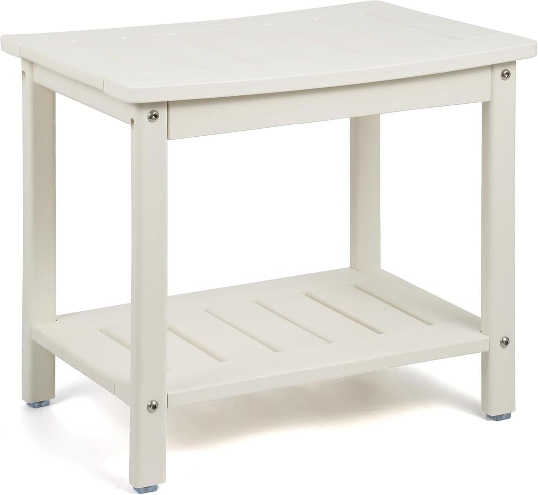 HDPE Shower Bench, Shower Stool with Storage Shelf 2-Tier Spa Stool for Inside Shower,Water Resistant & Non-Slip Design Shower Seat (White L Size)