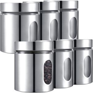 Mimorou 6 Pack Kitchen Canisters Set Airtight Coffee Sugar Tea Candy Storage Jars with Window Glass Stainless Steel Containers with Lids for Flour Cookies Spices Grains Kitchen Decorations(20 oz) (Silver)