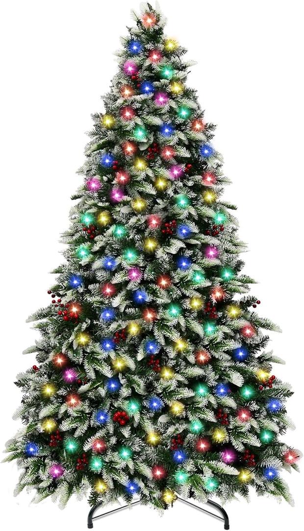 7 Ft Prelit Artificial Christmas Tree with 300 Color Changing LED Lights, 8 Modes Snow Flocked Thick Full Pine Xmas Tree with 1980 PVC/PE Tips, 36 Berries Christmas Decoration Indoor Outdoor Holiday