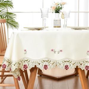 Wolkemer Jacquard Floral Rectangle Tablecloth Little Rose Embroidered Lace Beige Table Cover for Home Dining Kitchen Decor 60 x 84 inch
