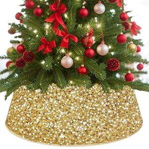 BSHSPX Gold Christmas Tree Collar Glitter Christmas Stand Tree Ring 23.6 inch Christmas Tree Base Collar Golden Xmas Tree Skirt Sequin Tree Stand Collar Round Trees Collars for Artificial Trees