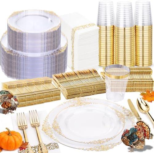 Nervure 350PCS Clear Gold Plastic Plates - Gold Plastic Dinnerware Sets for 50 Guests - 100 Disposable Plates, 150 Silverware, 50 Cups, 50 Napkins for Wedding & Party & Thanksgiving : Health & Household