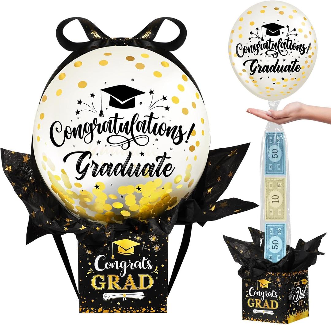 MiniInflat Graduation Pull Money Balloon Box Surprise Kit for Cash Graduation Party Balloon Set Class of 2025 Graduates Gifts for College High School Grad Party Decorations Supplies(Gold)