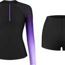 ATTRACO Women's Two Piece Rash Guard UPF 50+ Long Sleeve Bathing Suit Built-in Bra Zipper Front Swim Shirts (Large, Purple)