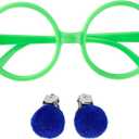 Fancheer Round Green Glasses No Lens with Blue Clip-on Earrings Dress Up Costume Accessories