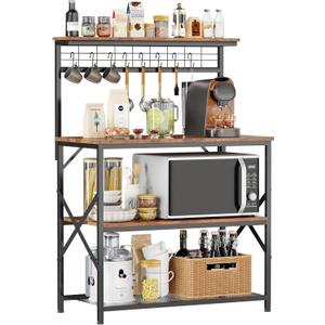 Furologee Kitchen Bakers Rack with Hutch,Coffee Stand with Storage 4 Tiers,Coffee Bar Station with a 31.5 Inch Larger Desktop and 8 S Hooks,Kitchen Microwave Rack for Spices,Pots,Rustic Brown