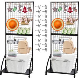 Eastern Tree Grid Wall Panels, Black Gridwall Panels Stand with Base Plate, Wire Grid Wall Panel Display with Wheels, Craft Show Display Rack, Retail Display with 20 Pieces Hooks, 2 Packs 2.5'x 6'