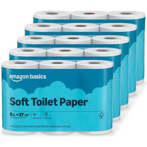 Amazon Basics 2-Ply Soft Toilet Paper, 30 Rolls (5 Packs of 6), 350 Sheets per Roll, Septic Safe, Equivalent to 185 Regular Rolls