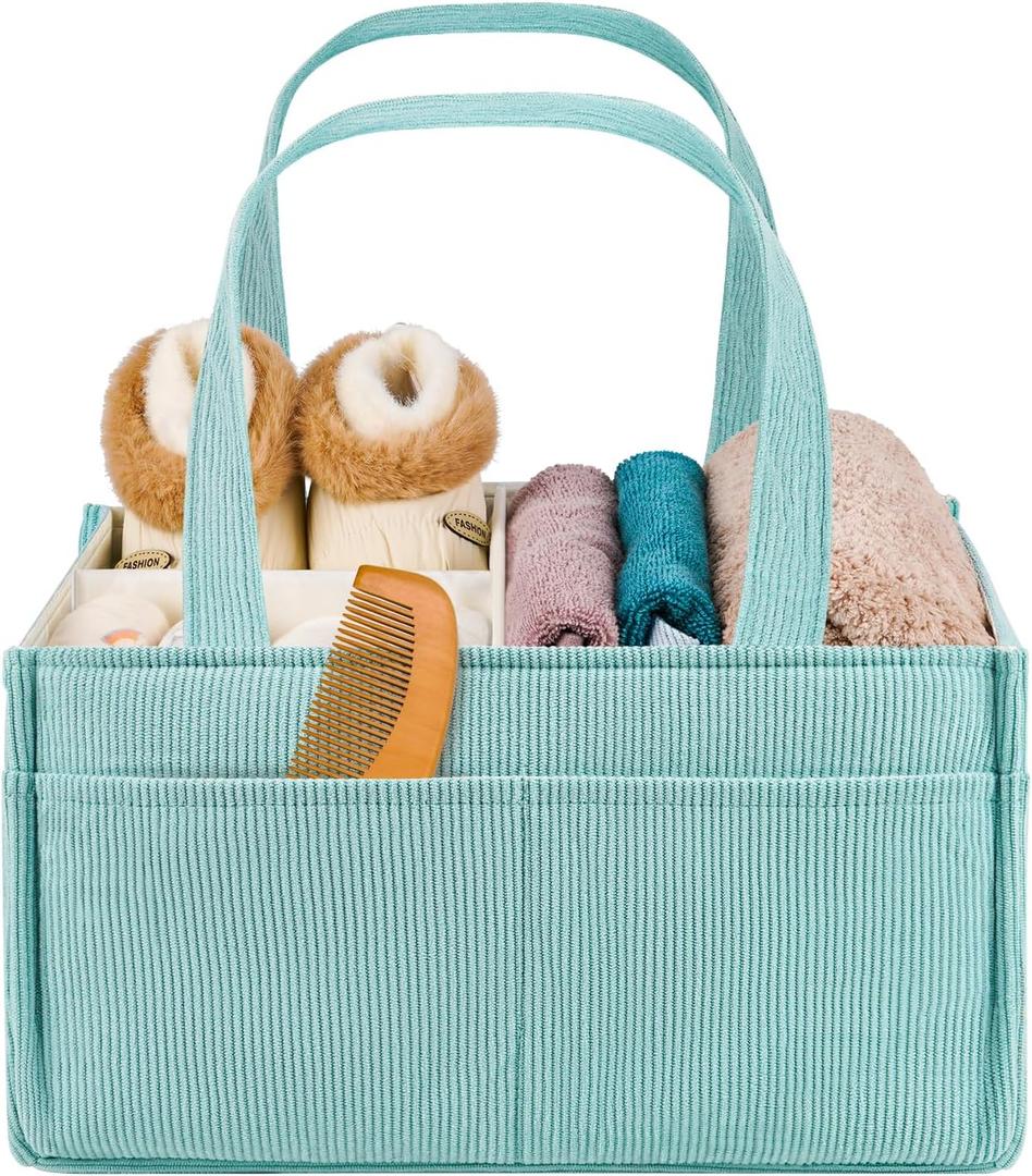 Baby Diaper Caddy Organizer - Portable Nursery Storage Basket for Newborn Essentials, Foldable Diaper Bag Organizer for Baby Shower Gifts and Registry Must-Haves, Car Organizer with Dividers (Blue)