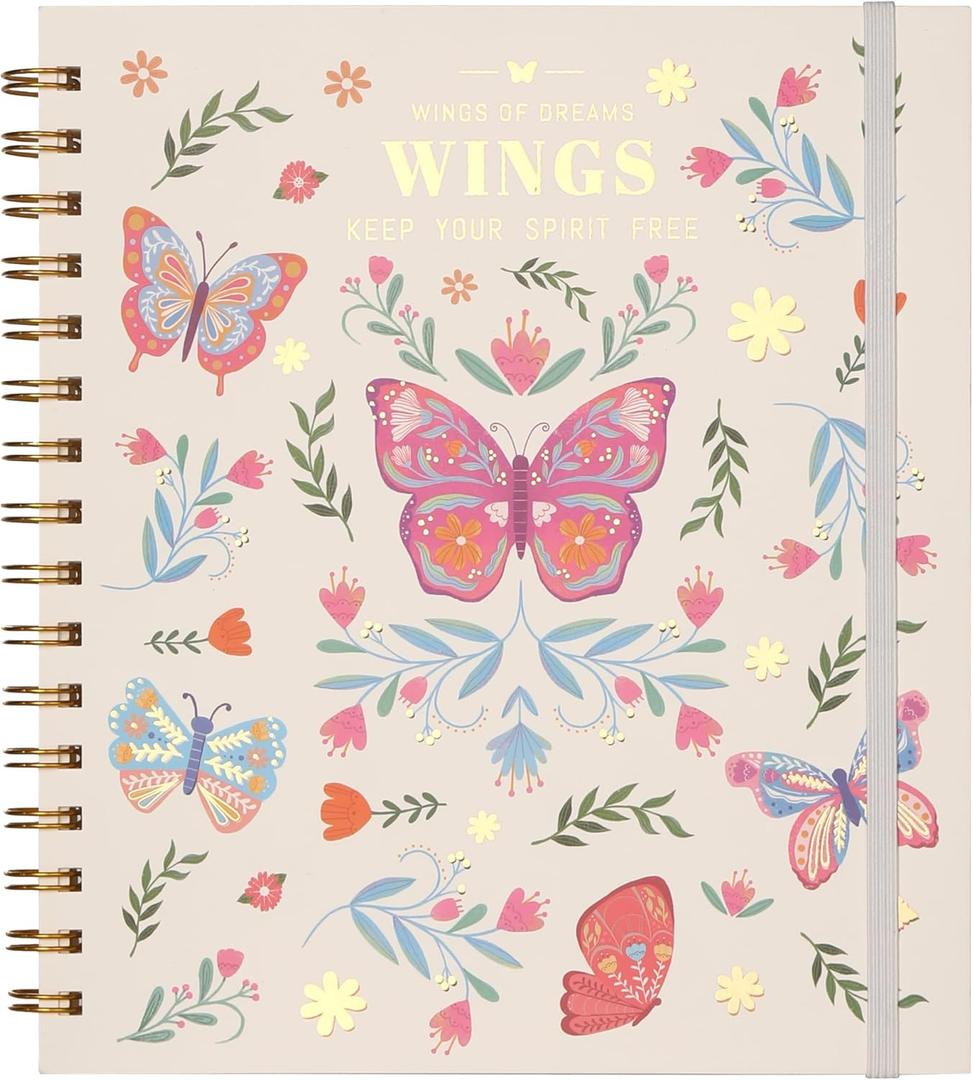 Spiral Notebook, Hardcover Butterfly Lined Journal for Women Girls, College Ruled Notebook for Writing School, 100GSM Thick Paper, 96 Sheets, 7.7" x 8.6" (Pink), Pack of 2