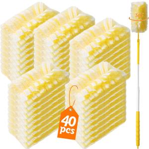 Senowi 40 Count 360 Heavy Duty Duster Refills Compatible with Swiffer, Large Size-Extra Thick Disposable Electrostatic Feather Duster Refill with 1 Retractable Handle(35-inch Length Fully Expanded) (Yellow)