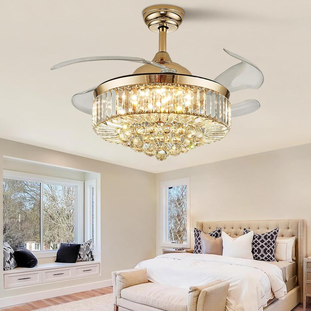 Modern Crystal Ceiling Fans with Lights and Remote Retractable Invisible Blades LED Dimmable Fandelier Gold Chandelier Ceiling Fan for Dining Room, Living Room, Bedroom 42 Inches