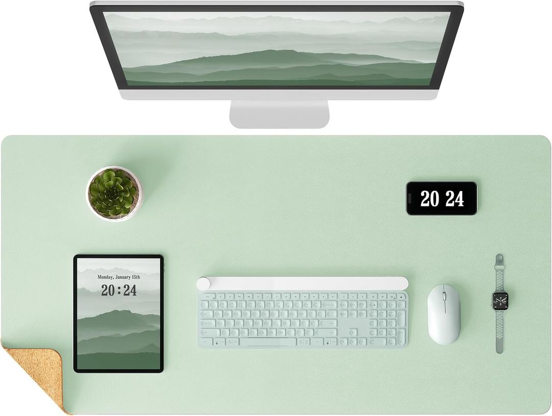 Aothia Double-Sided Desk Pad 25.6"x13.7" Large Mouse Pad, Leather Desk Mat with Eco Cork Protector, Waterproof Desk Blotter for Office/Home (Aqua)