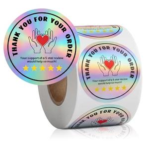 Fulmoon 2 Inch Thank You for Your Order Stickers 5 Star Review Delivery Label Freshness Food Delivery Accessories 5 Star Rating Reminder for Shopper Grocery Takeout Driver (Round,Holographic,500 Pcs)