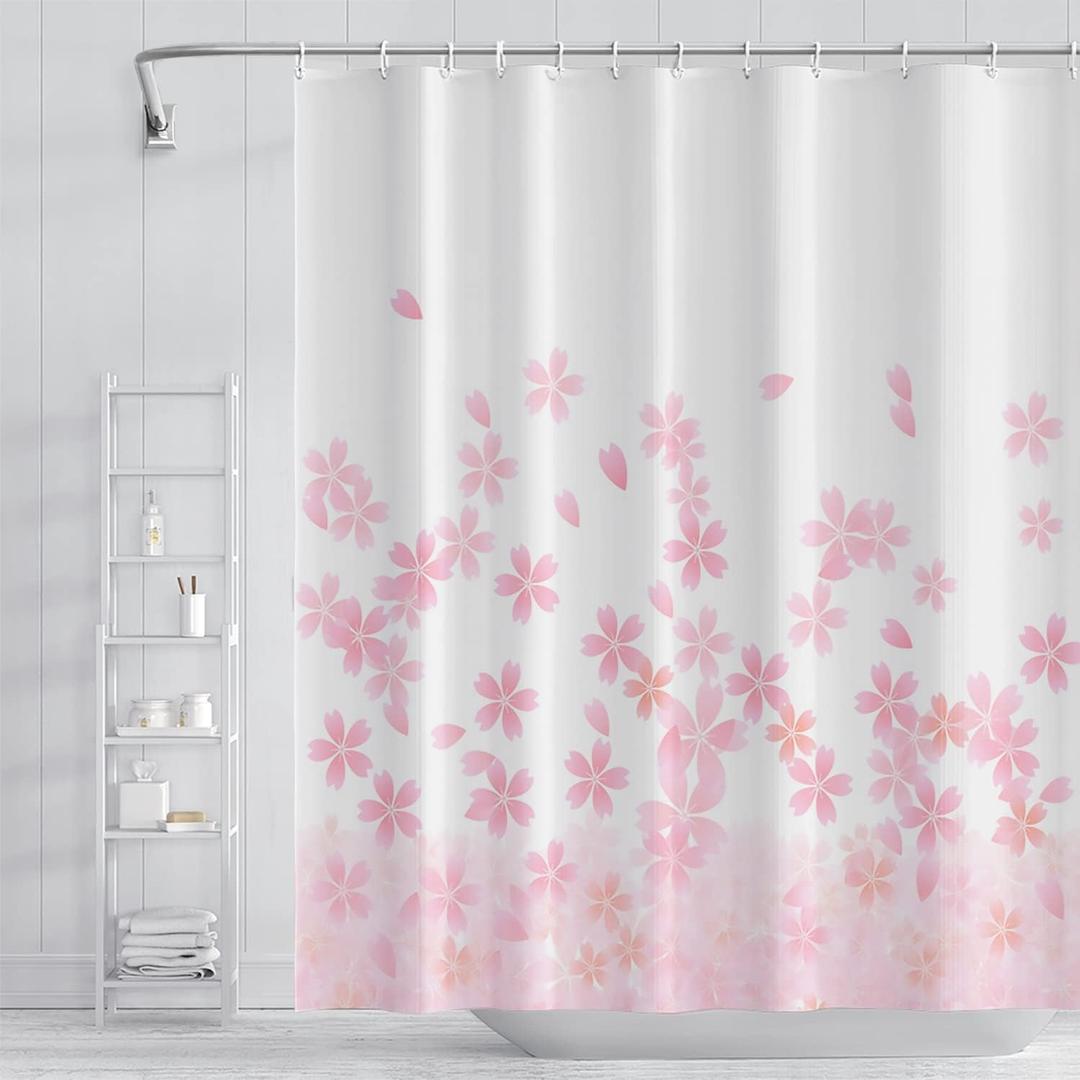 Pink Floral Bathroom Shower Curtain Cherry Blossom Dreamy Flowers Petal Shower Curtain with Hooks Polyester Waterproof Fabric Girly Home Decorative Bathtub, 65x72 Inch