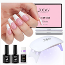 French Soft Gel Nail Tips Kit, Jofay Fashion Spring Pink French Tip Press on Nails, 240Pcs Medium Coffin Fake Nails, Natural Pre-Base Coat & French Tips, Glue On Nails with UV Lamp for Nail Extensions