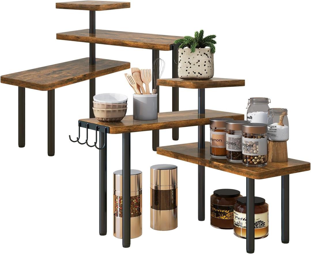 IBUYKE Kitchen Countertop Organizer,Set of 2,3-Tier Wooden Spice Racks,Bathroom Counter Organizer,Rotating Adjustable,Corner Shelf for Kitchen,Coffee Bar, Cabinet, Desk,Rustic Brown,TLJ023H-2