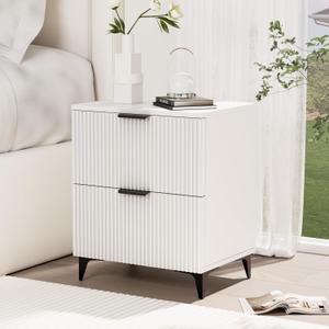 Fluted Nightstand with 2 Drawers, Side End Table, Small Accent Storage Cabinet,Modern Night Stand Bedside Table for Bedroom, White (2 Drawers-waved-white)