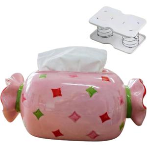 Candy-Shaped Ceramic Tissue Box Cover, Large Size 10.24 x 5.71 x 4.33 Inches Decorative Tissue Holder for Bathroom, Bedroom, Living Room, Kitchen Countertop, Cute Home Decor (Pink)
