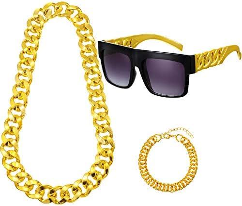 Hicarer 80s 90s Accessories Outfit for Women Hip Hop Costume Kit Fake Gold Chain Necklace Bracelet Halloween Party(Classic)