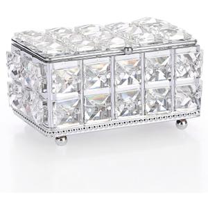 ELLDOO Crystal Jewelry Box Rectangle Trinket Organizer with Lid Earrings Rings Vintage Treasure Keepsake Box for Valentine Wedding Dresser Bedroom Decoration, Silver