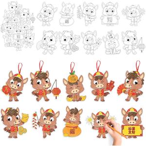 JAPBOR Chinese New Year Craft for Kids - 83pcs 2026 Lunar New Year Horse Party Favors Coloring Kit, Color Your Own DIY Spring Festival Arts Hanging Ornament Activities Draw Paper Bulk Decor