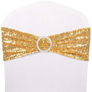 Pack of 48 Chair Sashes Sequin Stretchy Spandex Bands Decorative Bows One-Sided Sequins Decor for Romantic Wedding Party Home Chair Cover Sash Decorations - Gold