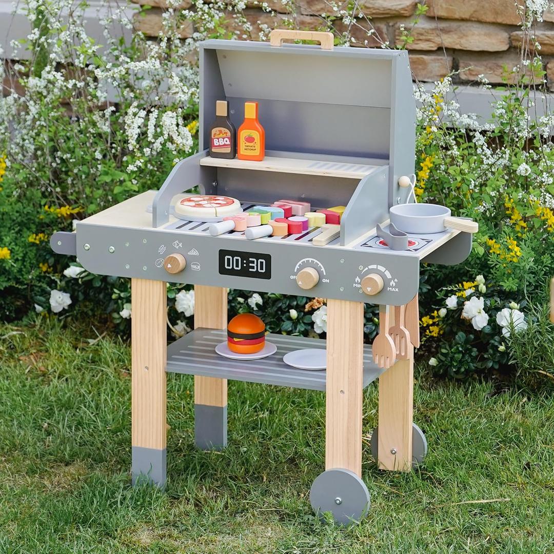 Leeshyah Wooden Kids Grill Playset Realistic Play Barbecue Set with Grilling Tools and Foods Pretend Grill Toy for Kids Ages 3+