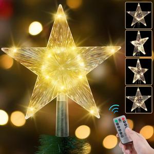 Riakrum 2 Pcs Christmas Star Tree Topper Lights 9.5 Inch with Versatile Remote Controller USB Powered for Xmas Holiday Party Gift Indoor Outdoor(Warm White)