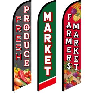 3 Pcs Fresh Produce Feather Flag 12 Feet Tall Farmers Market Sign Fresh Produce Advertising Sign Farmers Market Feather Advertising Flag for Vegetable Business Outdoors Events Publicity