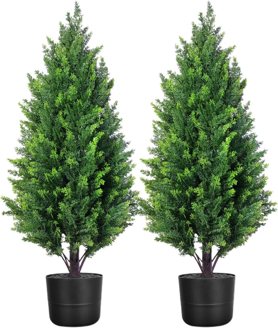 Set of 2 3FT Faux Topiary Cedar Trees, Realistic Outdoor Artificial Evergreen Plants with Pots, UV Resistant Topiaries Bushes Potted Fake Cypress Tree Shrubs for Porch Garden Home Office Decor