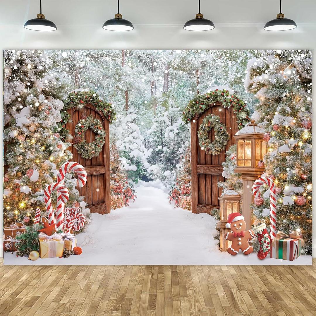 10x8ft Christmas Backdrop Winter Forest Wooden Barn Door Snowy Xmas Tree Photography Background Family Holiday Party Decor Photo Props