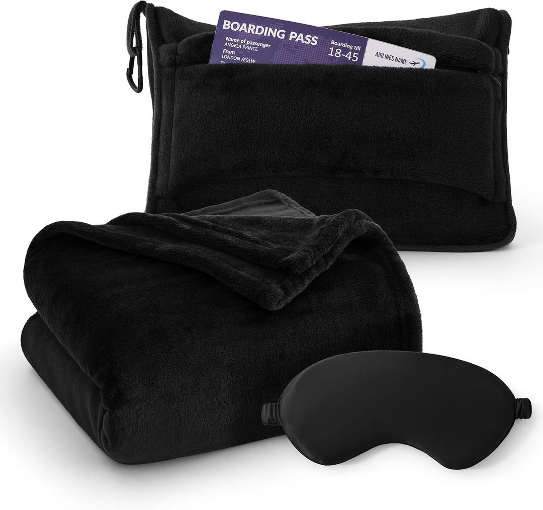Bedsure Travel Blanket Airplane Compact with Storage Bag, Packable Blanket with Eye Mask, Lightweight 2-in-1 Travel Essentials, Functioned as Pillow for Airplane Comfort and Warmth, Black (Throw)