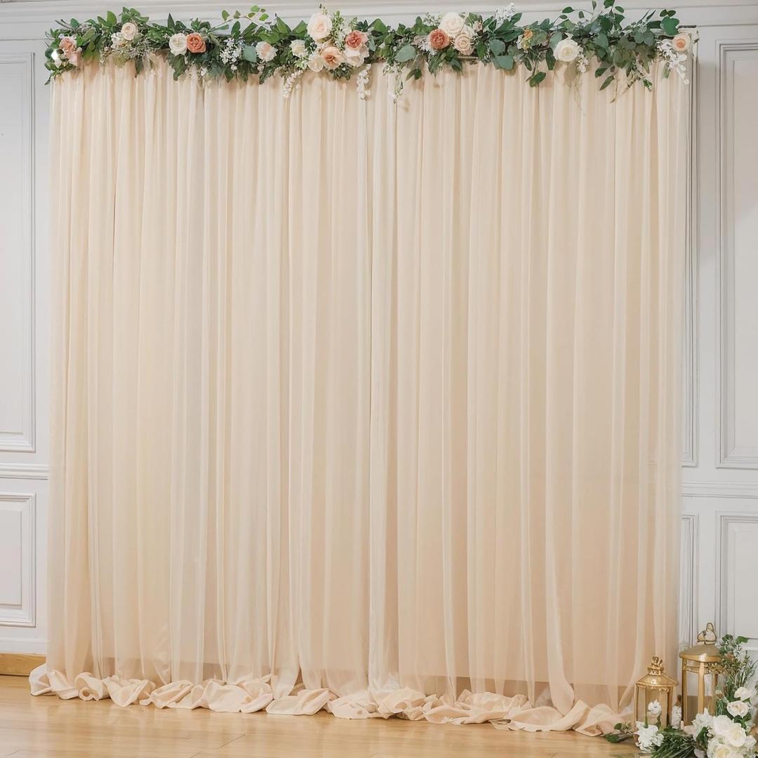 10x10ft Champagne Tulle Backdrop Curtain for Parites, Sheer Backdrop Curtains for Wedding Baby Shower Birthday Party Photo Shoot Decorations (10ft x 10ft(2 Panels 5*10ft))