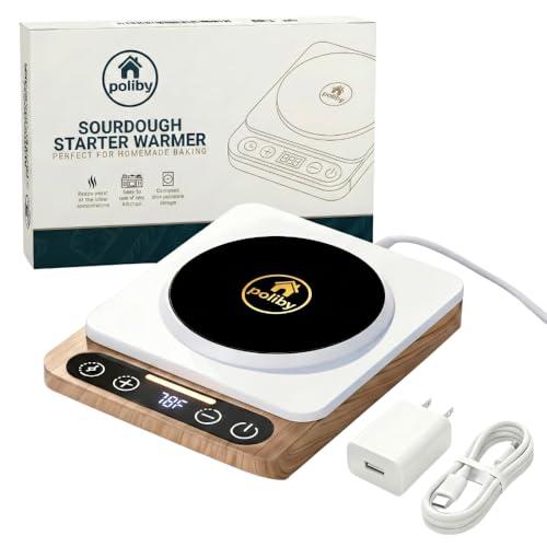 Poliby Sourdough Starter Warmer Mat – Precise 1°F Thermostat Control (70–100°F), Smart Memory On/Off – Keeps Starter Active & Consistent – Fits Jars Up to 40oz – Home Baking Essential (White)