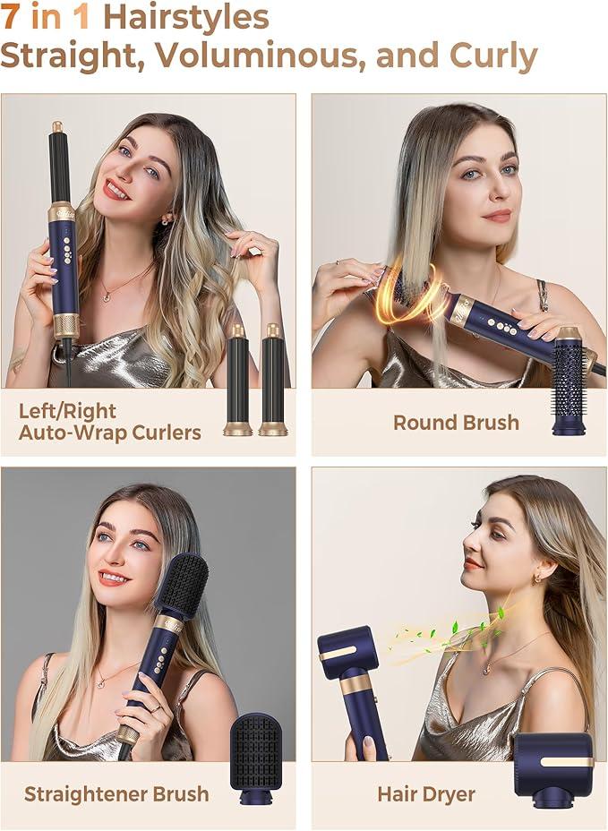 7 in 1 Hair Dryer Brush 110000 RPM Ionic Blow Dryer Brush for Straight, Hair Styler Curly & Twisted Hair, Salon-Quality Styling, Volumizing & Smoothing cepillo secador de Cabello (Blue Gold)