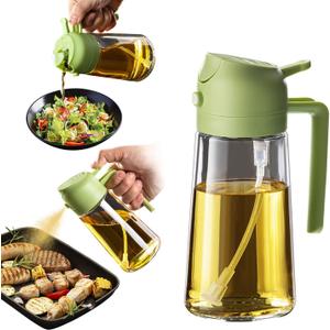 TrendPlain 16oz/470ml Glass Olive Oil Sprayer for Cooking  2 in 1 Olive Oil Dispenser Bottle for Kitchen Gadgets and Air Fryer Accessories, Salad, BBQ - Green