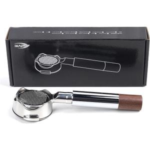 Openwork Bottomless Portafilter Handle Made of Stainless Steel and Walnut with High Extraction Precision Basket Silver