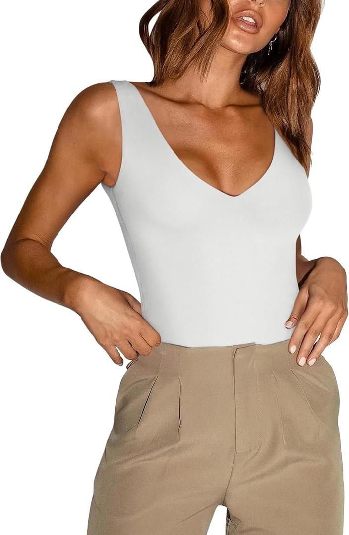REORIA Women's Summer Sexy Plunge Deep V Neck Sleeveless Double Lined One Piece Tank Tops Thong Bodysuits Leotards for Going Out White X-Large