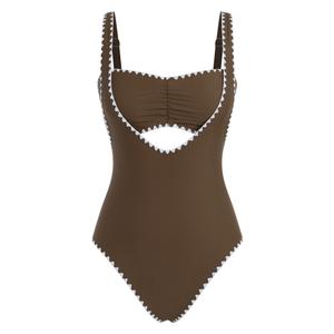 ZAFUL Bikini Sets for Women Color Block Ruched Bandeau Bikini V Neck Tummy Control Swimsuit Romper 2 Piece Bathing Suit 0-Brown S (S)