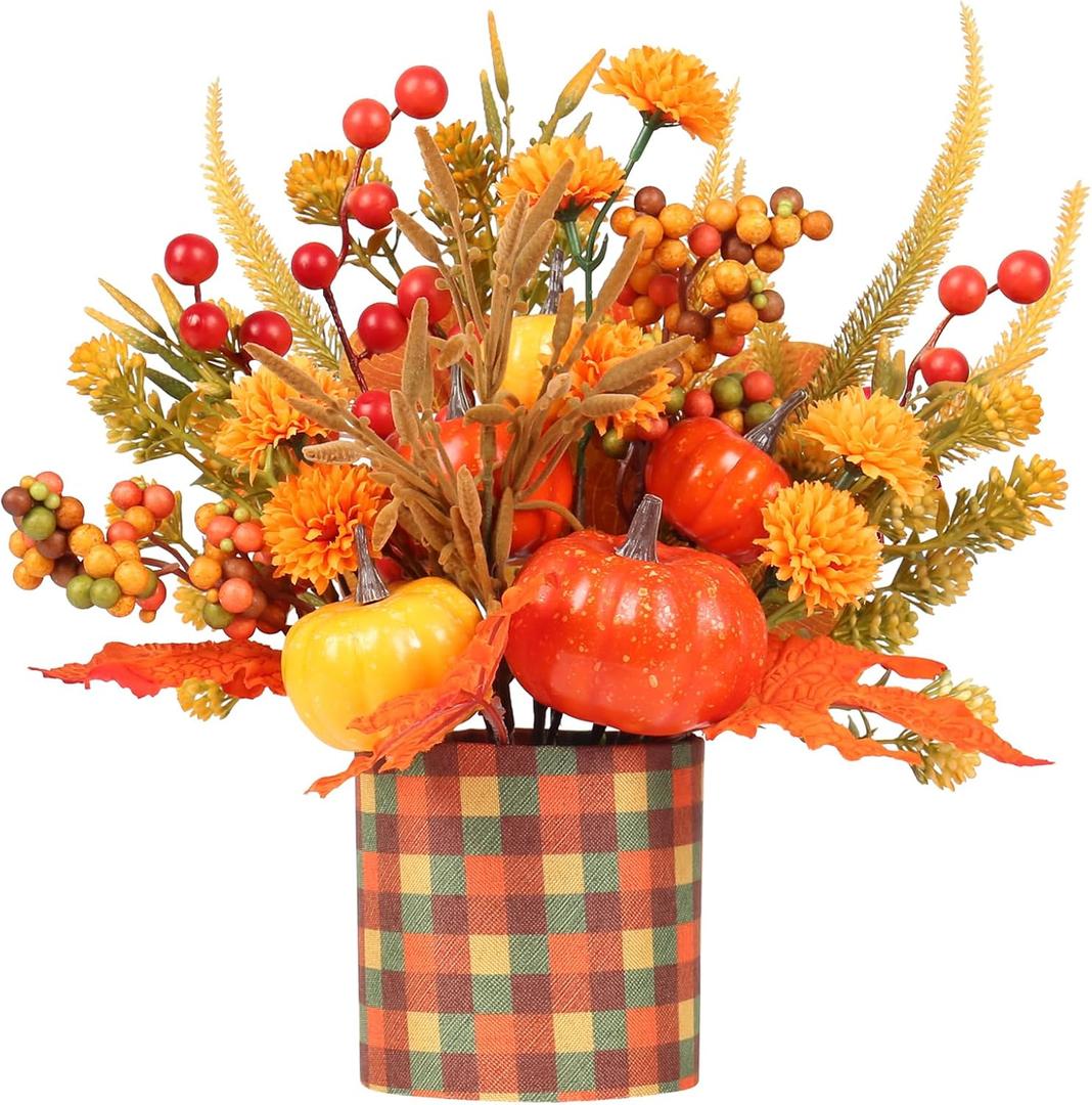 Super Holiday Fall Decor, 12" Artificial Orange Pumpkin Berry Maple Tree Halloween Thanksgiving Table Centerpieces Decorations, for Home Farmhouse Autumn Harvest Holiday Party Decor.