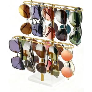 BILIONE 2-Tier Sunglasses Organizer & Eyeglasses Holder Stand for 24 Pairs Display Storage, Metal Frame with Wood Base for Table Desk Countertop Dresser Bedroom Home Decor (golden)