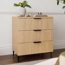 25.6" W Fluted Nightstand with 3 Drawer Dresser, Modern Wood Night Stands Bedside Table for Bedroom King/Queen Bed, End Table with Robot-Friendly Legs for Living Room,Entry (3 Drawers-1pcs-Natural), 29.53"H x 25.59"W x 13.78"D