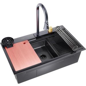 Black Drop In Kitchen Sink 30"x18" Stainless Steel Single Bowl Workstation, 29.5*17.7*10 inch