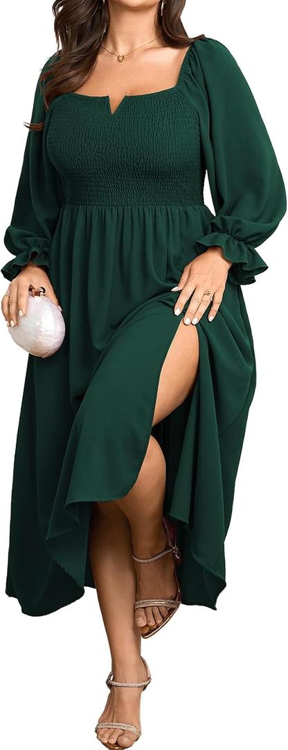 SCOMCHIC Womens Plus Size Maxi Dress Long Sleeve Square Neck Smocked Dress | Wedding Guest Cocktail Flowy Split Casual Fall Dress Empire Waist A Line Long Dresses with Pockets (XXXL)