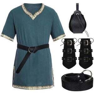 5Pcs Mens Medieval Costume Halloween Renaissance Tunic Viking Knight Shirts Warrior Cosplay Costume with Belt Arm Guards, XL
