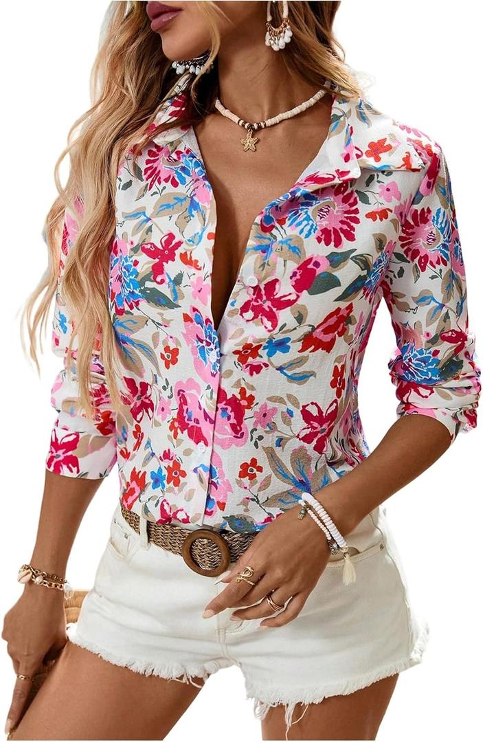 SweatyRocks Women's Button Down Shirts Long Sleeve Floral Print Blouse Dressy Casual Tops (L)