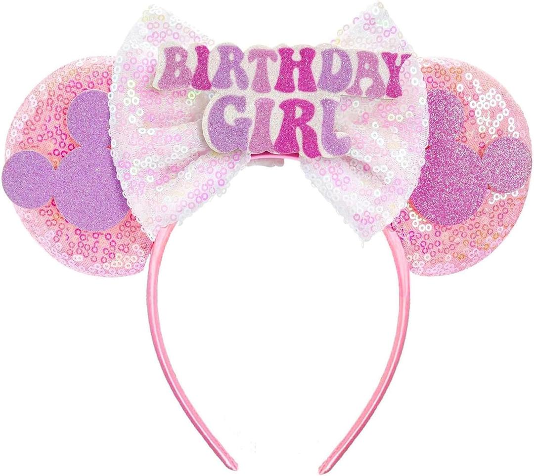 Handmade Birthday Mouse Ears Headband for Women Girls, Pink Happy Birthday Ears for Party Dress Up Decorations Hair Accessories